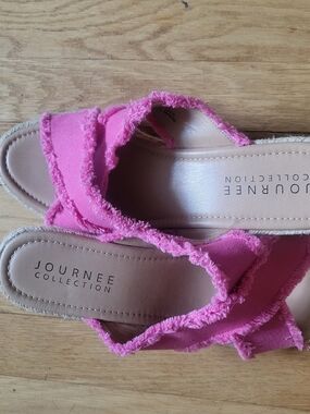 Journee Collection Bright Pink Frayed Fabric Slide Sandals
